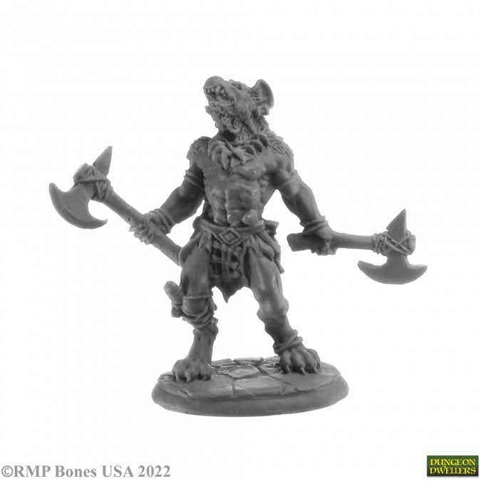Blackmane Gnoll Ravager - Gray miniature of a Gnoll warrior with a spiked mane wielding dual battle axes on a round base.