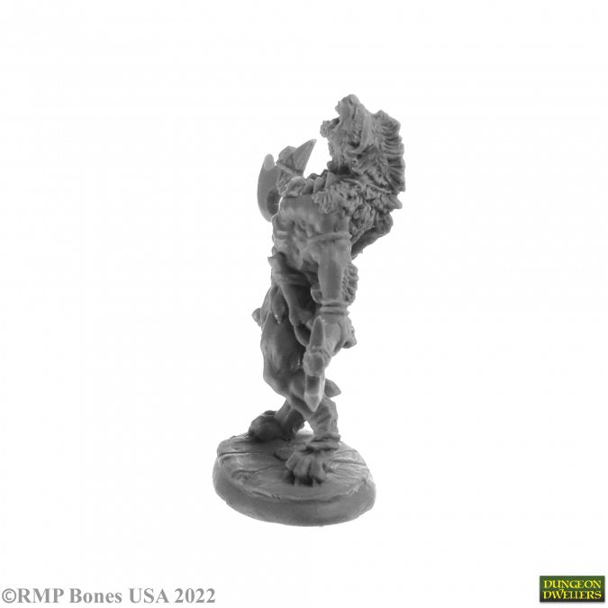 Blackmane Gnoll Ravager - Gray unpainted gnoll warrior miniature with spiked armor, large axe, and snarling wolf-like head on round base.