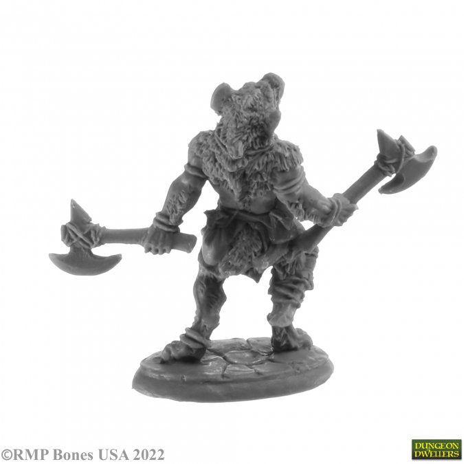 Blackmane Gnoll Ravager - Gnoll warrior miniature wielding two battle axes, detailed fur and armor, standing on textured base.