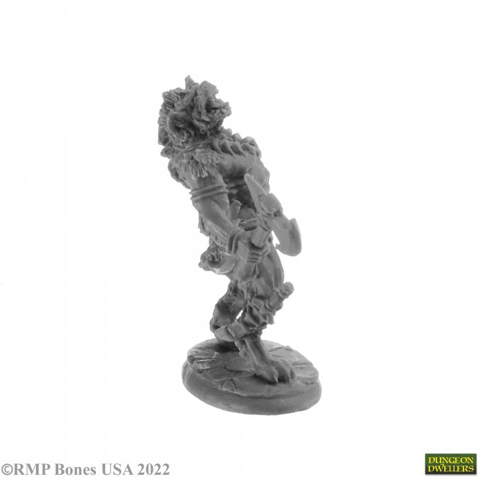 Blackmane Gnoll Ravager - Gray unpainted fantasy gnoll warrior miniature with fur texture and menacing posture on round base.