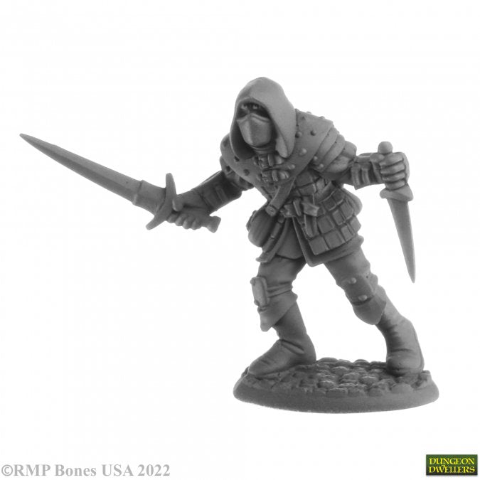 Naus, Waghalter - Gray plastic fantasy rogue figurine holding a dagger and a sword in a dynamic pose.