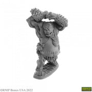 Ogre Smasher - Gray unpainted fantasy ogre miniature wielding a spiked club overhead in a battle pose.
