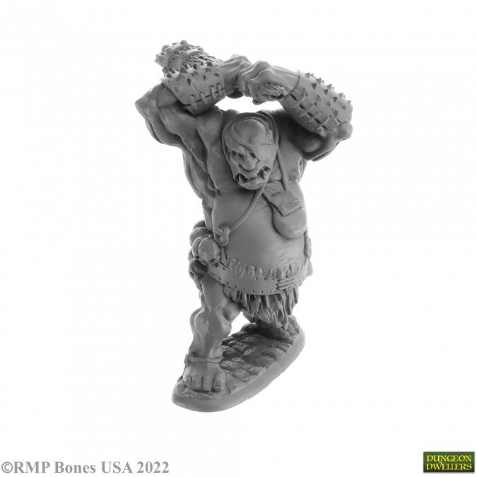 Ogre Smasher - Gray unpainted fantasy ogre miniature wielding a spiked club overhead in a battle pose.