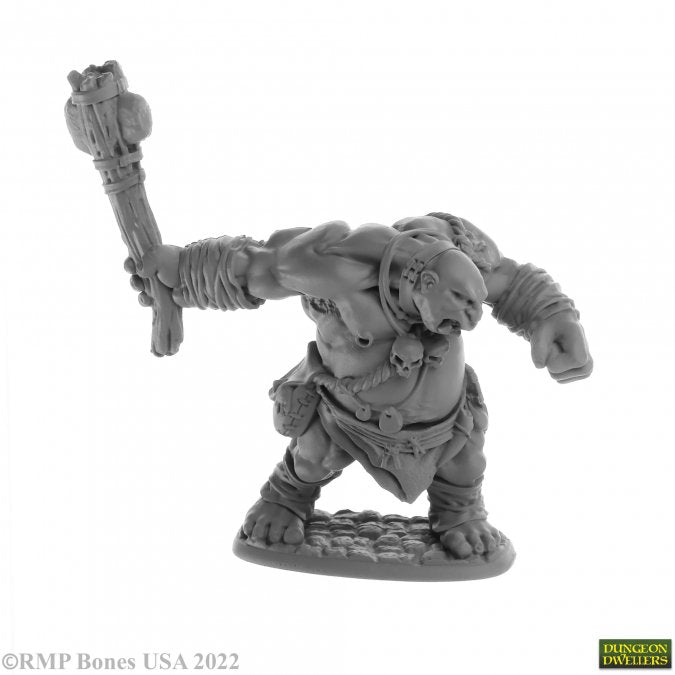 Ogre Clubber - Gray fantasy ogre mini figure wielding a large wooden club in a striking pose.