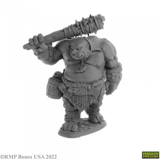 Ogre Guard - Gray plastic fantasy ogre figurine wielding a spiked club and wearing rugged armor and loincloth.