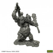 Nor'Okk, Ettin - Gray detailed resin miniature of a two-headed Ettin wielding a club, standing on rocky terrain.