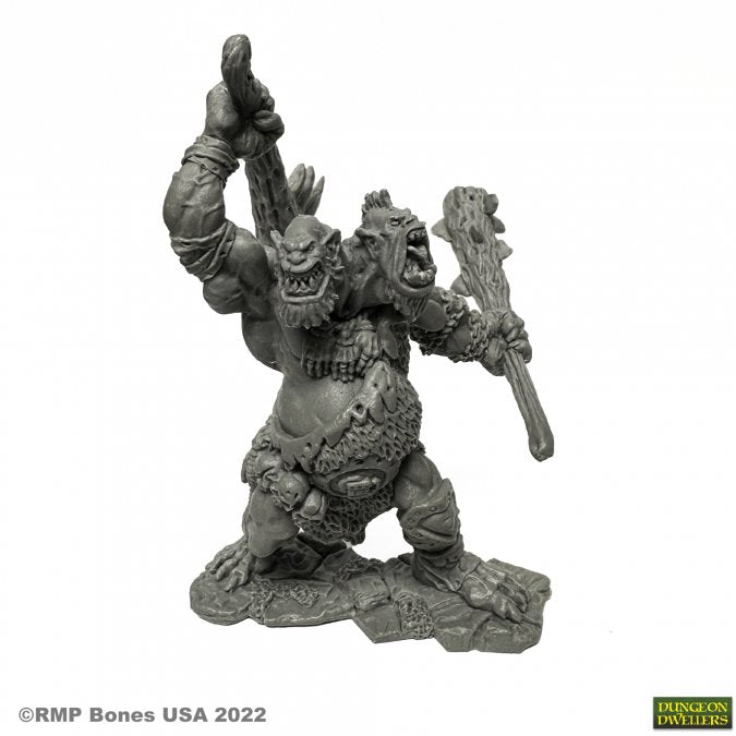 Nor'Okk, Ettin - Gray detailed resin miniature of a two-headed Ettin wielding a club, standing on rocky terrain.