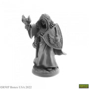 Thess Ironfaith, Female Cleric - Gray fantasy female cleric miniature holding a detailed shield and mace, wearing a hooded robe.