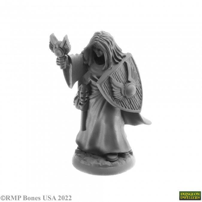 Thess Ironfaith, Female Cleric - Gray fantasy female cleric miniature holding a detailed shield and mace, wearing a hooded robe.