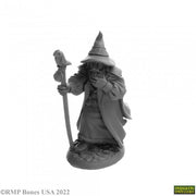 Landol Griswold, Human Wizard - Gray resin miniature of a bearded wizard in a long robe and pointed hat holding a staff topped with a bird figure.