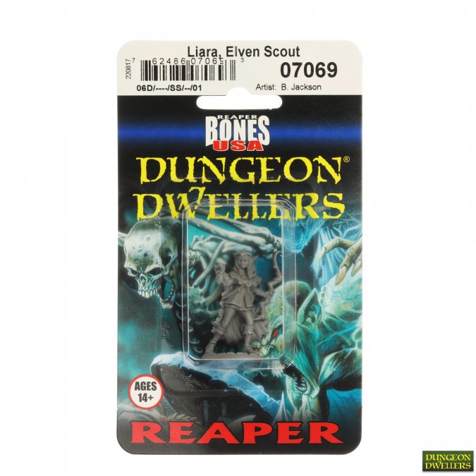 Liara, Elven Scout - Reaper Bones Dungeon Dwellers Liara Elven Scout fantasy miniature in plastic blister pack.