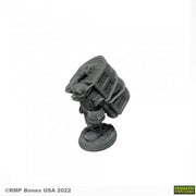 Murk, Goblin Henchman - Gray unpainted goblin figurine carrying a large wooden crate on its back, detailed fantasy miniature.