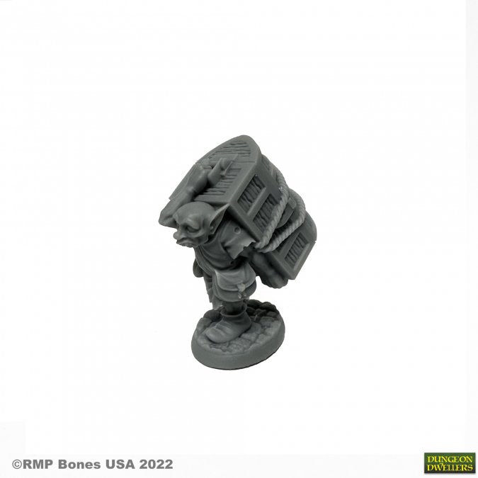 Murk, Goblin Henchman - Gray unpainted goblin figurine carrying a large wooden crate on its back, detailed fantasy miniature.