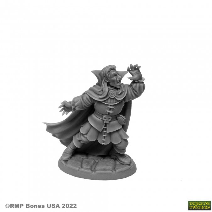 Kaspar Von Mondstein, Vampire - Gray detailed resin miniature of a vampire in layered medieval clothing with flowing cape and raised hand.