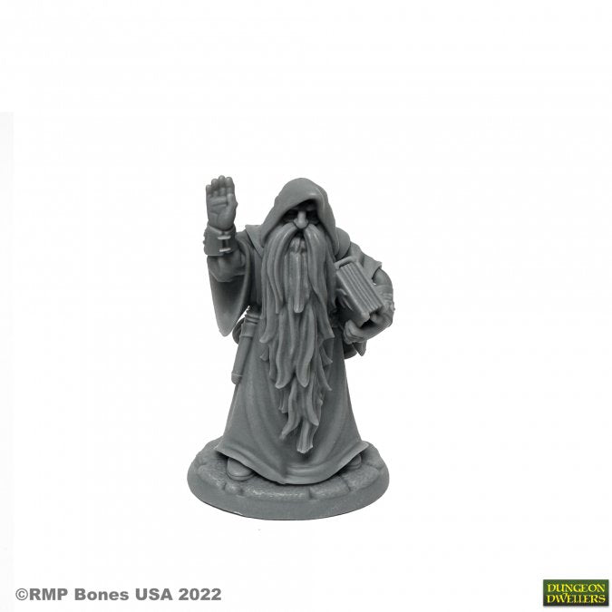 Belevos, Traveling Wizard - Gray miniature figurine of a hooded wizard with long beard, raising one hand and holding a book.