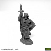 Sir Danarel the Holy - Gray plastic miniature of a medieval knight with sword raised and long cape flowing behind.