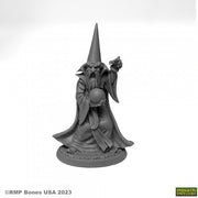 Oman Ruul, Wizard - Gray detailed fantasy wizard miniature holding orb and casting spell with pointed hat and flowing robes.