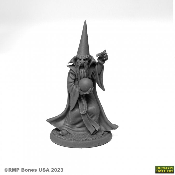 Oman Ruul, Wizard - Gray detailed fantasy wizard miniature holding orb and casting spell with pointed hat and flowing robes.
