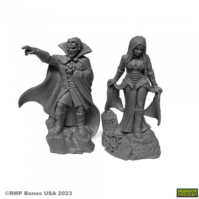 Vampire Bloodlords - Gray plastic vampire miniatures featuring a cloaked male with outstretched arm and a female in a corset standing on a.