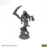Female Wraith - Dark gray resin miniature of a hooded female figure holding a curved scythe and lantern, with flowing robes.