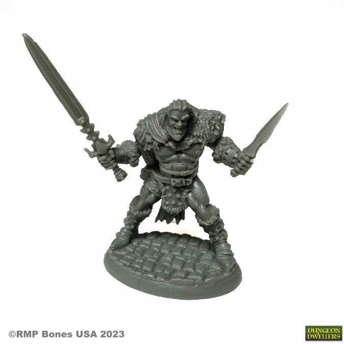 Grundor Hoardtaker, Barbarian - Gray plastic barbarian figure wielding a large sword and dagger, wearing fur armor on stone-textured base.