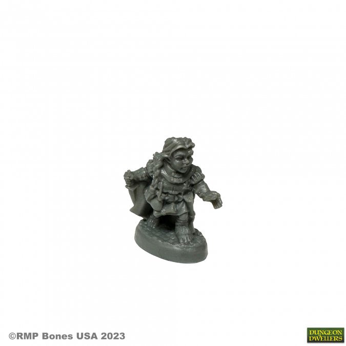 Molly Copperpot, Halfling Thief - Unpainted gray miniature of a halfling thief with cloak and satchel, standing on oval base.