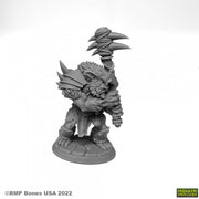 Tork, Bloodclub Bugbear - Gray resin miniature of a muscular bugbear holding a spiked club, standing on a textured base.