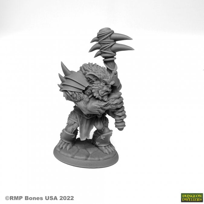 Tork, Bloodclub Bugbear - Gray resin miniature of a muscular bugbear holding a spiked club, standing on a textured base.