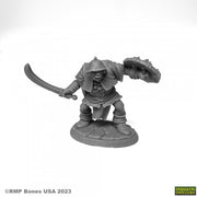 Grushnal, Ragged Wound Orc - Grayscale miniature of rugged orc warrior with hood, curved sword, and spiked shield standing on textured base.