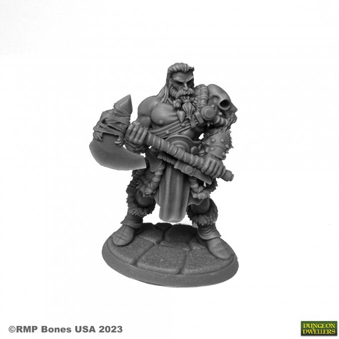 Kreed Bloodbeard - Gray resin miniature of a muscular warrior with a thick beard holding a large battle axe and skull-adorned shoulder armor on