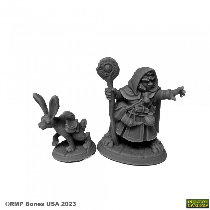 Hollis Grayheath and Verbena - Gray resin fantasy miniatures of a hooded mage holding a staff and a crouching rabbit-like creature on round bases.