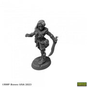 Emrul Gozgul, Half-Orc Rogue - Gray unpainted miniature of a half-orc rogue with braided hair, holding a curved dagger and wearing layered armor and boots.