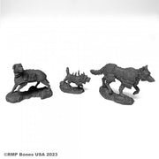 War Dogs (3) - Three black resin miniature dog figures in dynamic poses, each on a rounded base.