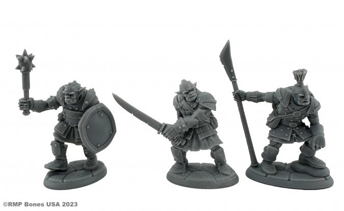 Scarneck Hobgoblins (3) - Set of three gray plastic hobgoblin miniatures with medieval weapons and armor, including mace, sword, shield, and spear.