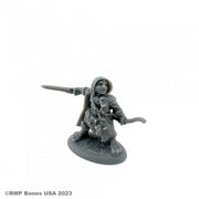 Woody Stumpwimple, Halfling Ranger - Gray plastic miniature of a halfling ranger with cloak, holding a dagger and a bow, standing on a round base.