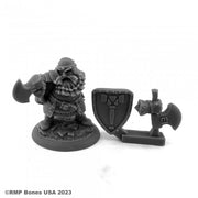 Hagar, Dwarf Fighter - Unpainted gray plastic miniature of a dwarf fighter wielding an axe and wearing detailed armor, accompanied by separate.