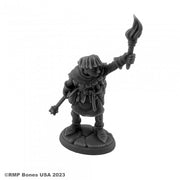 Henchmen: Linkboy - Black plastic miniature of a medieval linkboy holding a torch aloft, wearing a short tunic and boots on a round base.