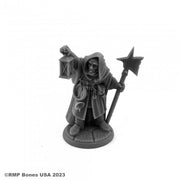 Townsfolk: Night Watchman - Gray resin miniature figure of a hooded night watchman holding a lantern in one hand and a polearm in the other, standing on