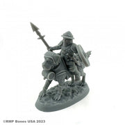 Male Halfling Dog Rider - Gray plastic miniature of a halfling warrior riding a large dog, holding a spear and a shield, wearing a pointed helmet and.