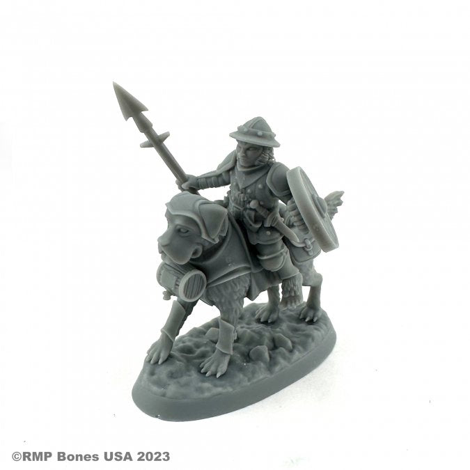 Male Halfling Dog Rider - Gray plastic miniature of a halfling warrior riding a large dog, holding a spear and a shield, wearing a pointed helmet and.