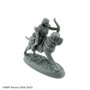Female Halfling Dog Rider - Gray plastic miniature of a female halfling warrior riding a muscular dog, holding a raised bow, mounted on an oval base.