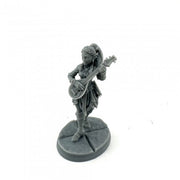 Ryelle Rainheather, Elf Bard (Alternate Sculpt) - Gray unpainted miniature of an elf bard playing a lute, standing on a round textured base.