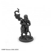 Dungeon Dweller RPG: Adept - Gray unpainted plastic miniature of a robed fantasy character holding a lantern and staff, standing on a round base.
