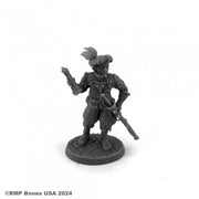 Dungeon Dweller RPG: Aristocrat - Gray detailed miniature figurine of a noble warrior in Renaissance-style armor holding a musket, standing on a textured.
