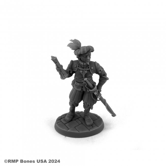 Dungeon Dweller RPG: Aristocrat - Gray detailed miniature figurine of a noble warrior in Renaissance-style armor holding a musket, standing on a textured.
