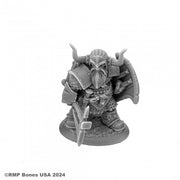 Dromn Ironsworn, Dwarf Warrior - Gray plastic miniature of a dwarf warrior with horned helmet, shield, and axe standing on a textured base.