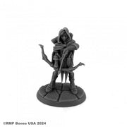Daehana Drithirien, Elf Fighter - Gray resin miniature of an elf fighter holding a bow, wearing a hooded cloak and leather armor, standing on a textured round