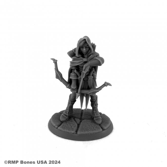 Daehana Drithirien, Elf Fighter - Gray resin miniature of an elf fighter holding a bow, wearing a hooded cloak and leather armor, standing on a textured round