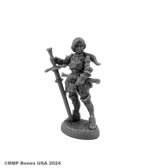 Helga, Female Landsknecht - Female warrior miniature in detailed medieval armor holding a large sword with a confident stance.
