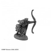 Galdanoth, Elf Archer - Gray unpainted miniature of an elf archer kneeling with a drawn longbow on a round base.